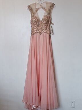 Vintage Blush Pink Beaded Maxi Gown with Sheer V-Back